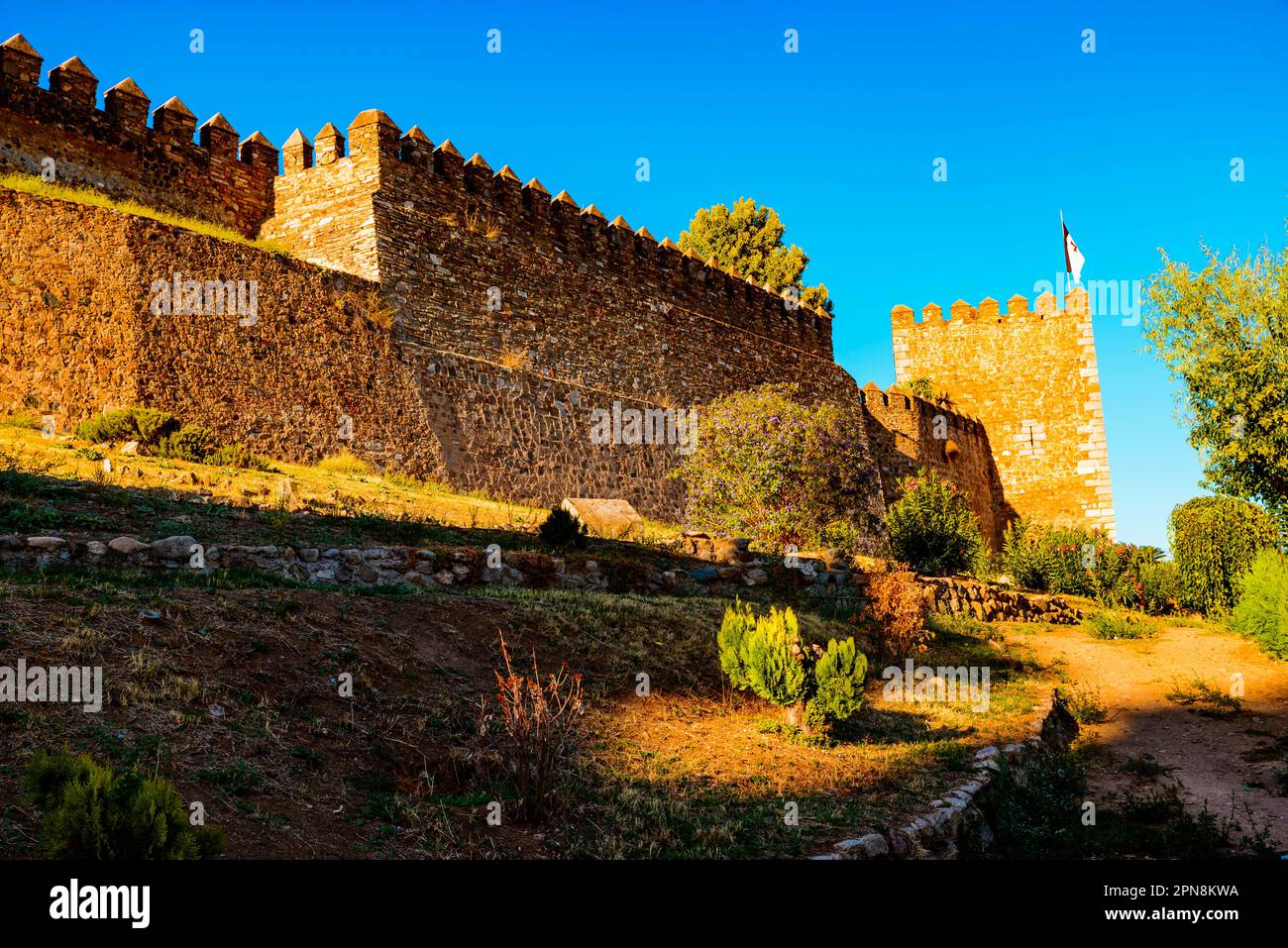 Ummauerte Gehege des Schlosses von Jerez de los Caballeros. Jerez de los Caballeros, Badajoz, Extremadura, Spanien, Europa Stockfoto