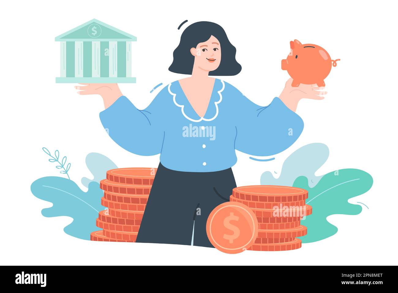 Eine Frau, die eine Bank hält, und ein Flachvektorbild Stock Vektor