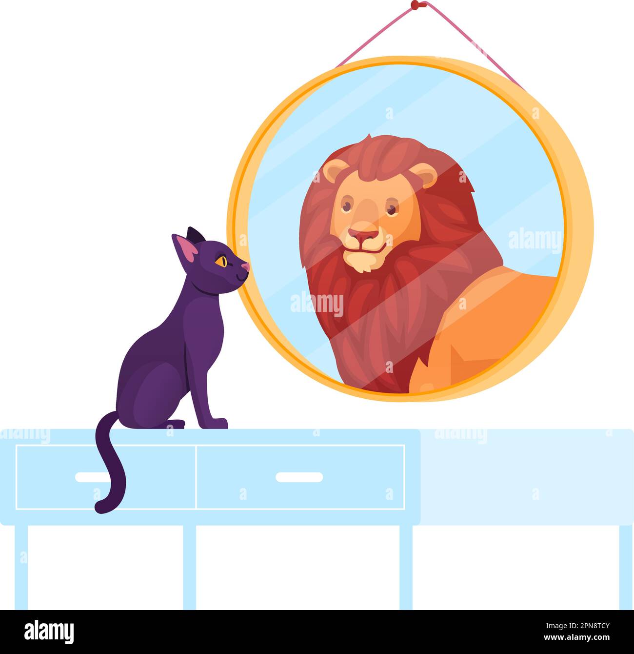 Katzenspiegel. Eingebildetes Kätzchen sieht sich selbst Löwe im Spiegel an, lustiger Cartoon kleines Kätzchen eitel narzisstisches Ego eingebildet, reflektiert Vektordarstellung des Löwen im Spiegel Stock Vektor