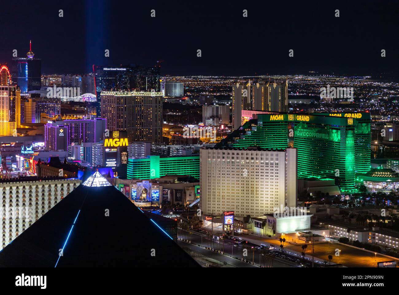 Ein Bild von Las Vegas bei Nacht, das das MGM Grand, das Tropicana Las Vegas - A DoubleTree by Hilton Hotel und die Spitze der Pyramide des Luxor zeigt Stockfoto