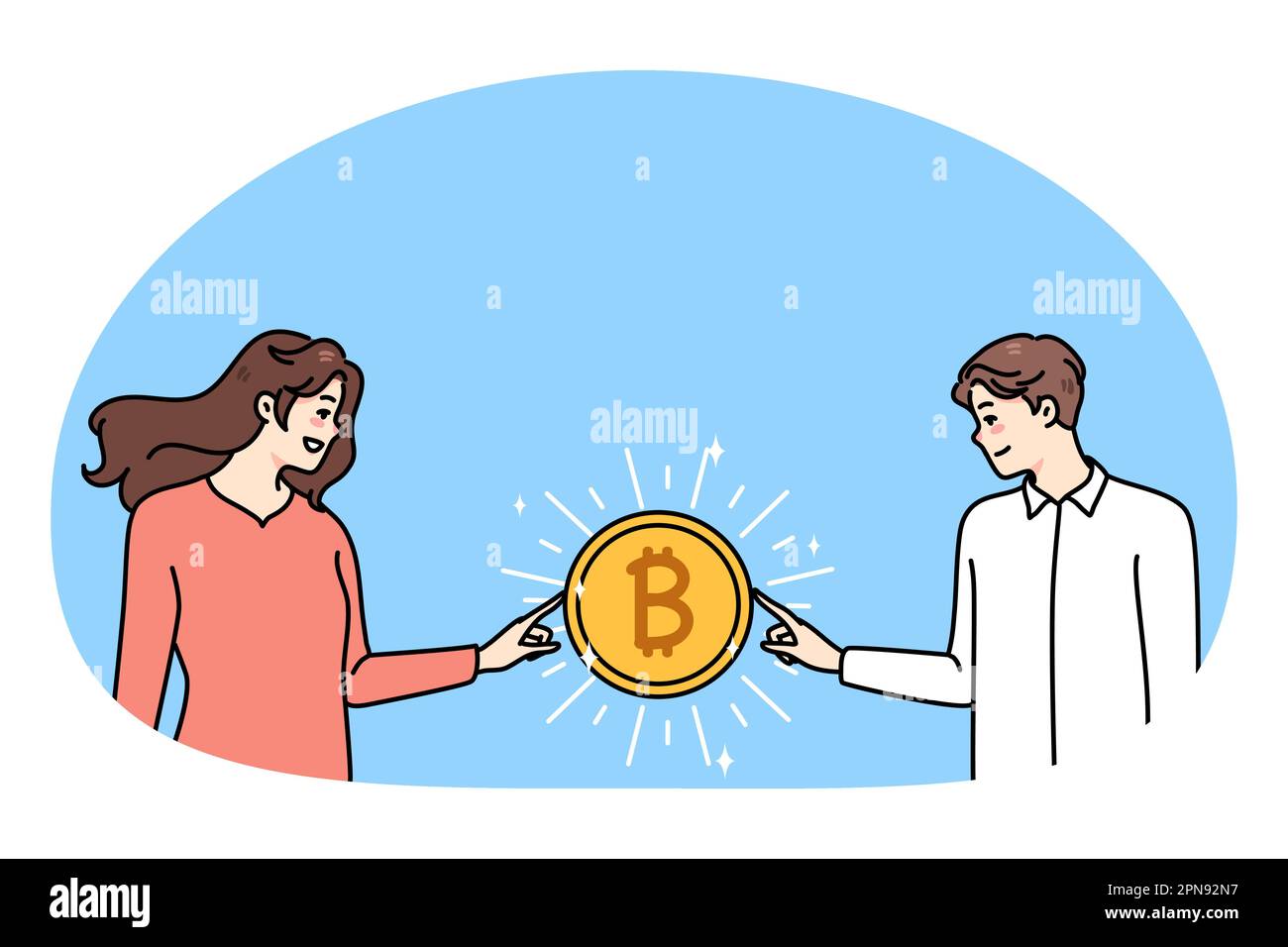 Glücklicher Mann und Frau berühren halten Bitcoin verdienen Geld an der  Börse. Verschiedene Personen, die an der Gewinnung oder dem Handel von  Kryptowährungen beteiligt sind. Passives Einkommen, virtuelles Gold.  Vektorgrafik Stock-Vektorgrafik -