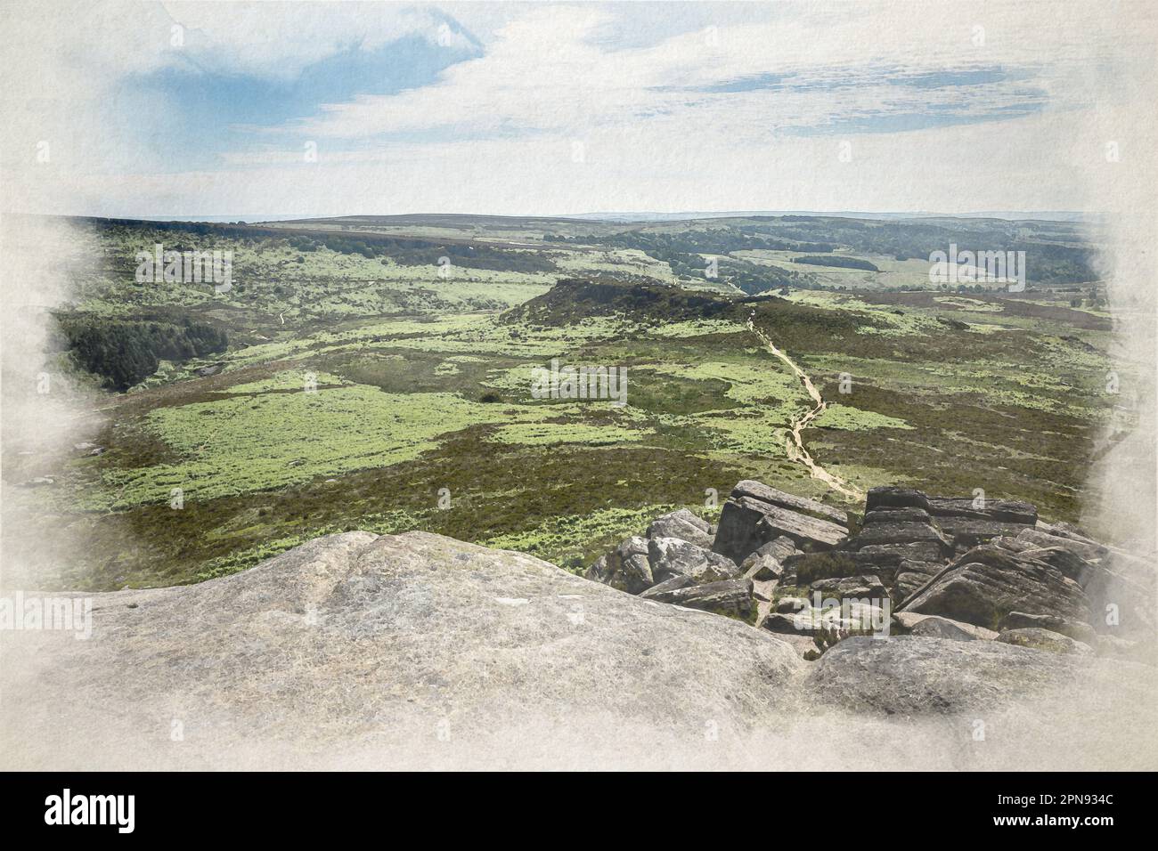 Digitale Aquarellmalerei mit Blick auf das alte Bergfort Carl Wark aus der Eisenzeit vom Higger Tor im Peak District National Park, Derbyshire, U Stockfoto
