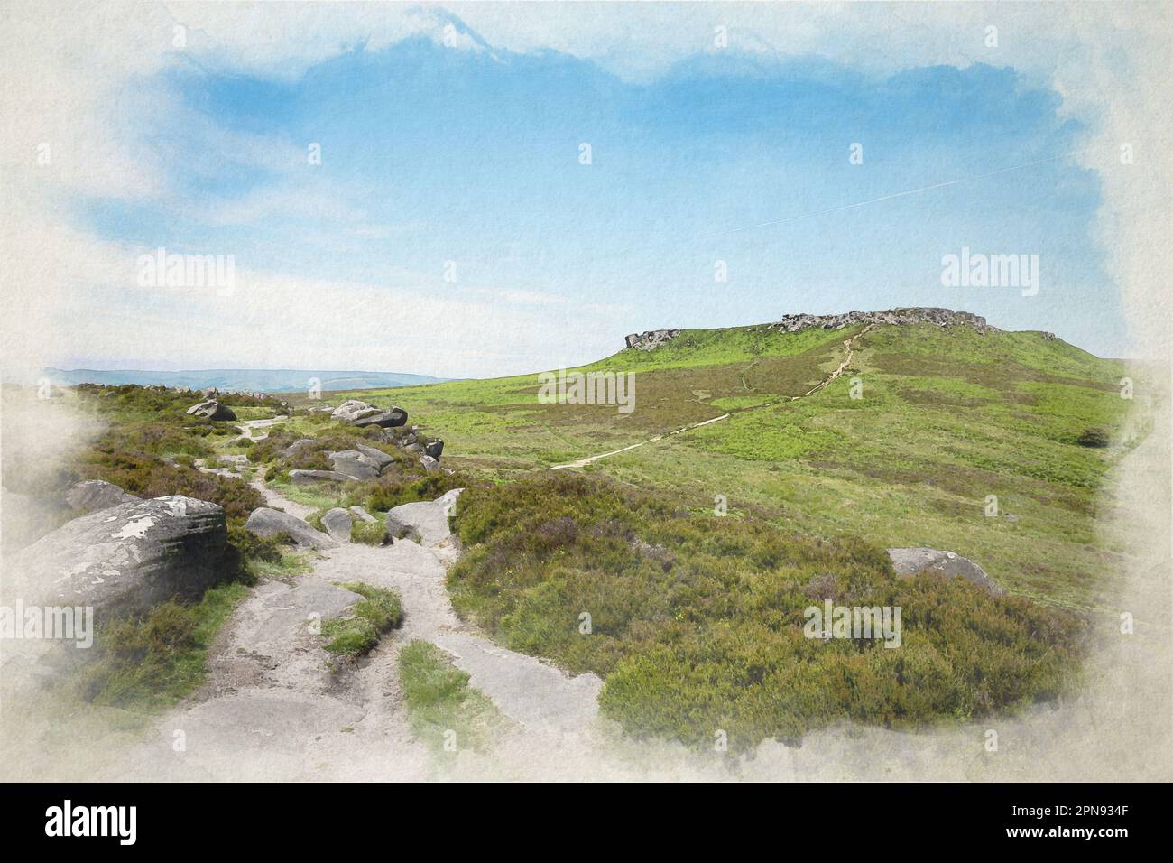 Ein digitales Aquarellgemälde von Higger Tor von Carl Wark, in The Dark Peak, Peak District National Park, Derbyshire, Großbritannien. Stockfoto