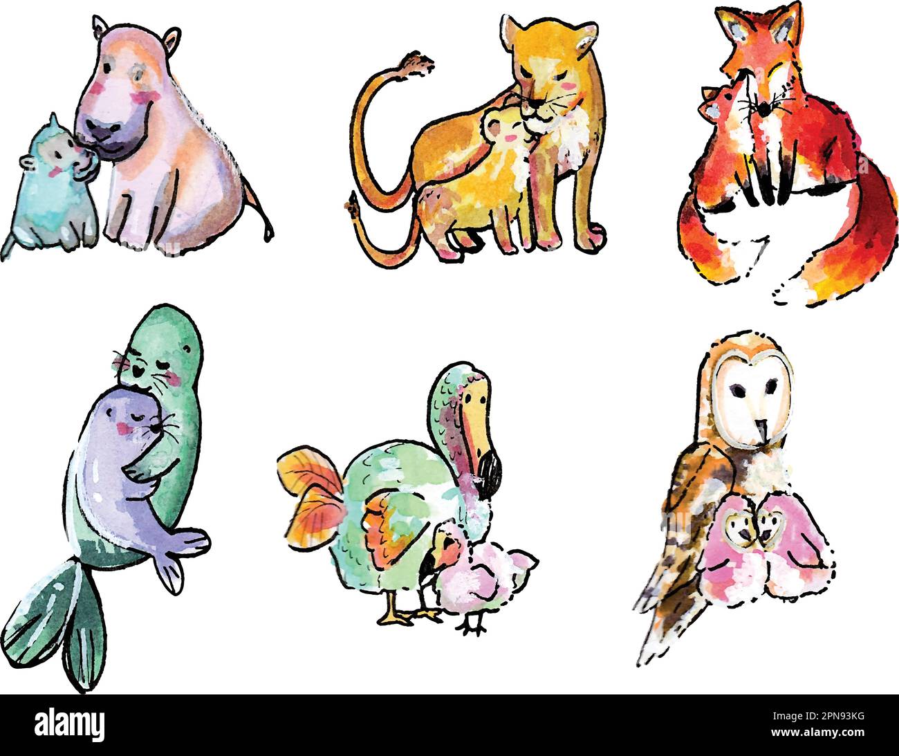 Handgezeichnetes Aquarell-Set mit 6 Paar liebevollen, liebenswerten, liebenswerten Tieren. Eulen, Nilpferd, Fuchs, Löwe, Robben, Dodovogel. Stock Vektor