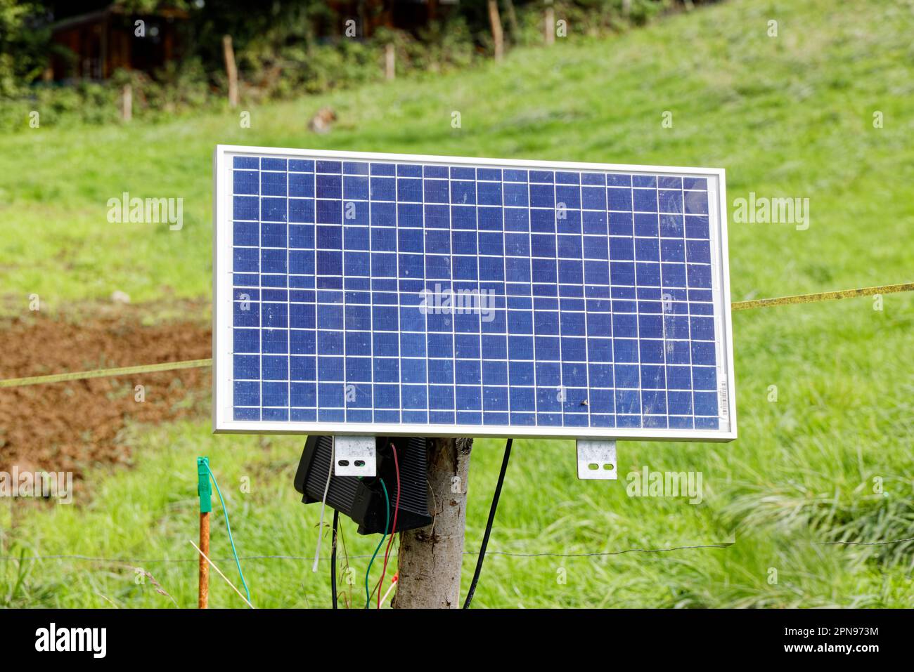 Kleines Sonnensystem, um einen Viehzaun vor einer grünen Wiese zu versorgen. Ein Tag ohne Menschen Stockfoto