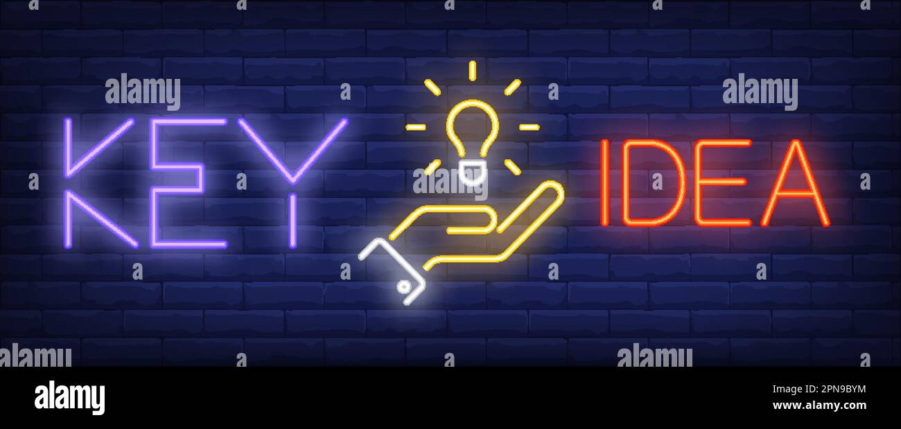 Schlüsselidee Neontext mit Glühbirne in der Hand Stock Vektor
