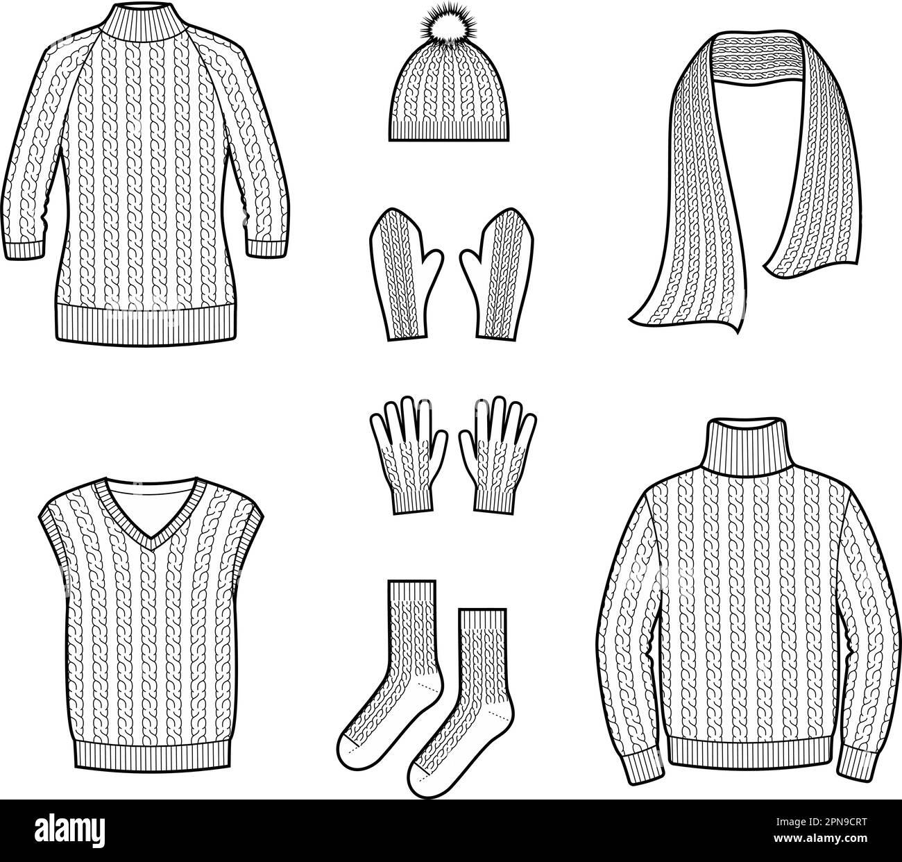 Strickpullover und Accessoires. Mode-CAD. Stock Vektor