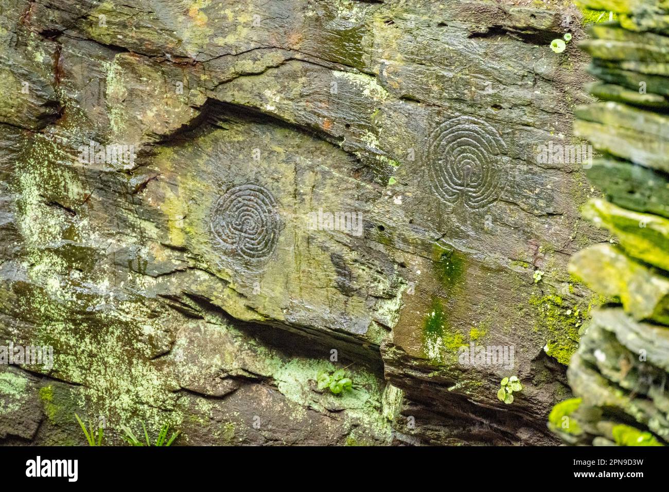 Schnitzereien aus der frühen Bronzezeit in der Nähe der Thewethet Mill im Rocky Valley bei Tintagel Cornwall Stockfoto