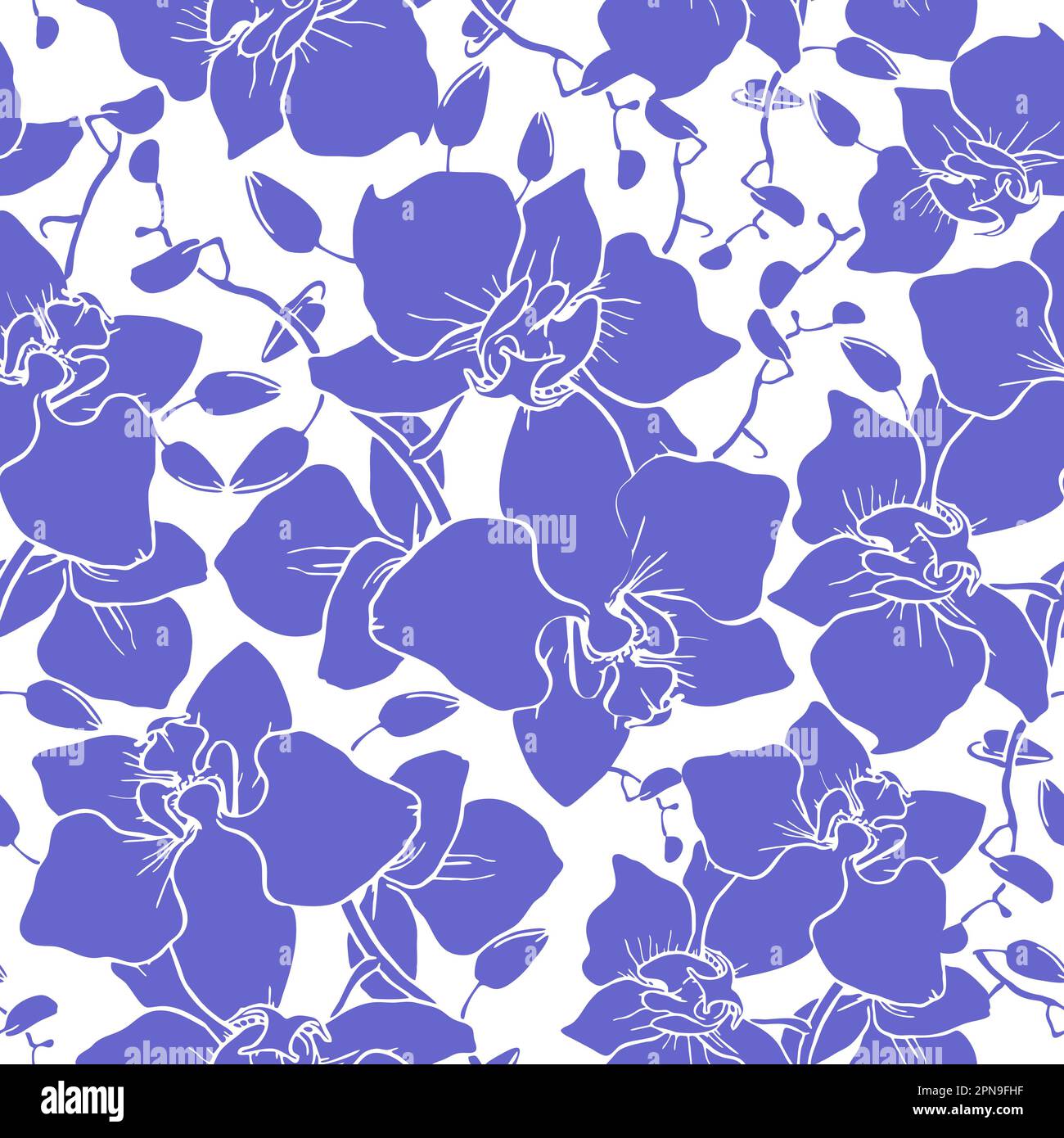 Nahtloses Muster großer blauer Orchideensilhouetten auf weißem Hintergrund, Struktur, Design Stockfoto