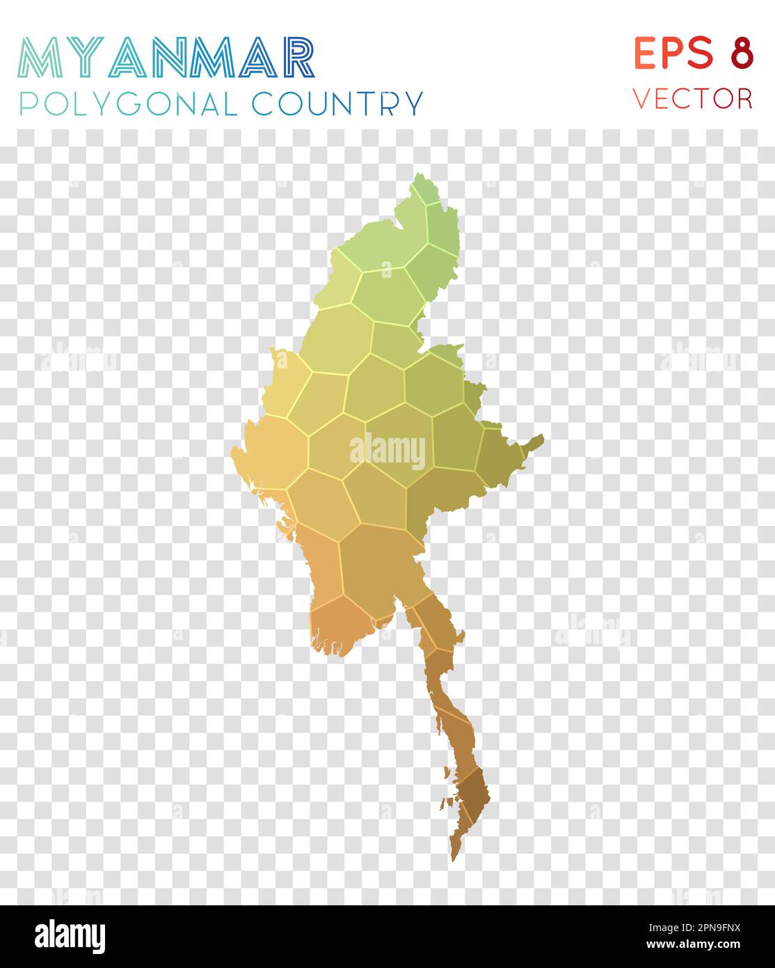 Polygonale Karte von Myanmar, Land im Mosaikstil. Glänzender, flacher Poly-Stil, modernes Design. Polygonale Karte von Myanmar für Infografiken oder Präsentationen. Stock Vektor