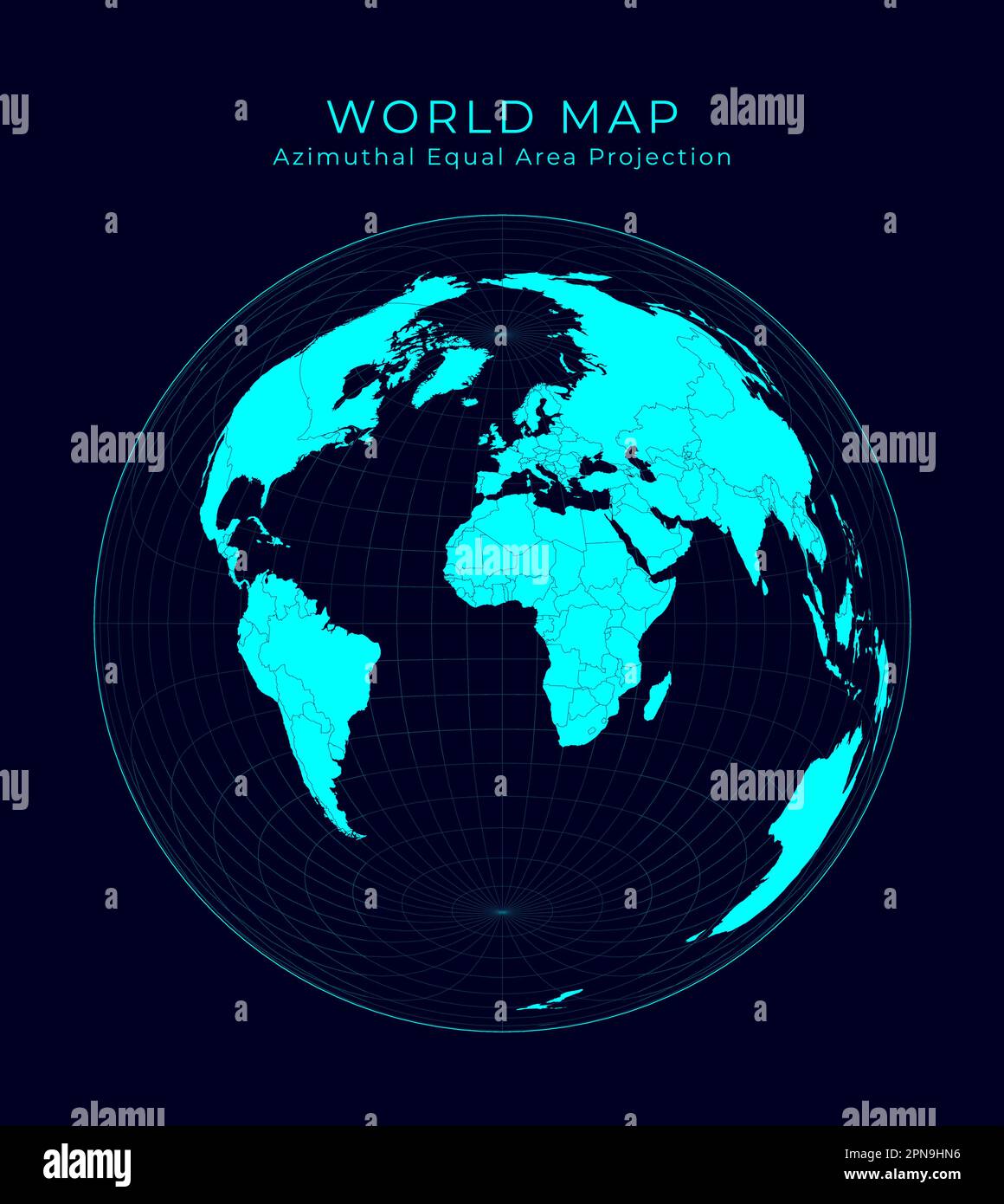 Karte der Welt. Lambert-azimutale Flächenprojektion. Futuristische Infografik-Weltillustration. Helle Cyan-Farben auf dunklem Hintergrund. Stock Vektor