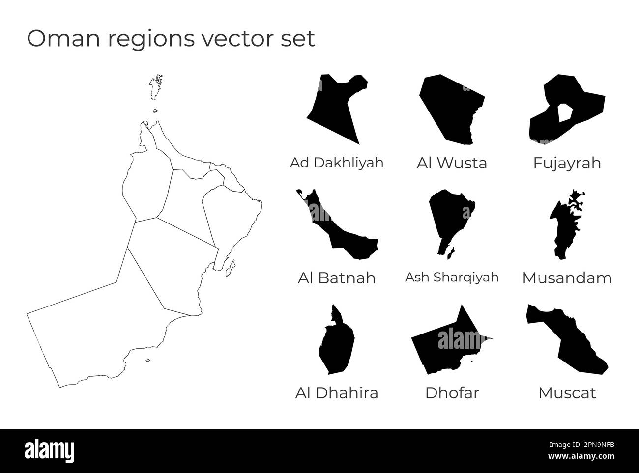 Oman-Karte mit Formen von Regionen. Leere Vektorkarte des Landes mit Regionen. Grenzen des Landes für Ihre Infografik. Vektordarstellung. Stock Vektor