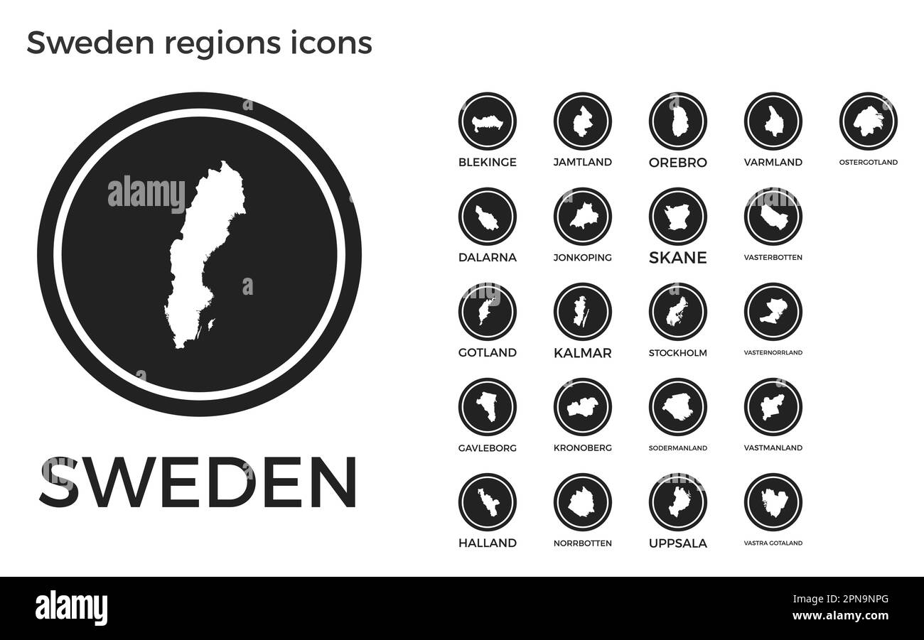 Symbole für Regionen in Schweden. Schwarze runde Logos mit Karten und Titeln der jeweiligen Region. Vektordarstellung. Stock Vektor