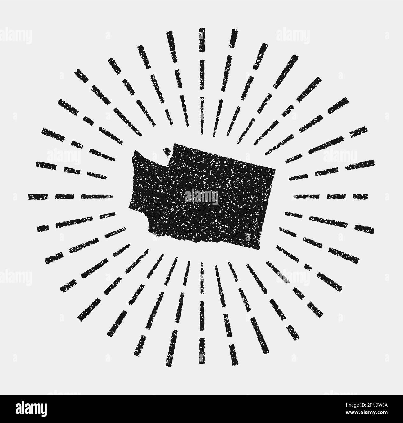 Vintage-Karte von Washington. Grunge Sunburst rund um den US-Staat. Schwarze Washington-Form mit Sonnenstrahlen auf weißem Hintergrund. Vektorabbildung. Stock Vektor