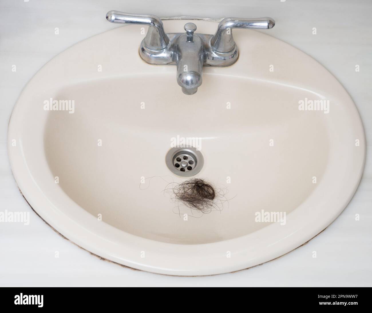 Schmutzige Haarklumpen im leeren sauberen Waschbecken, Nahansicht Stockfoto