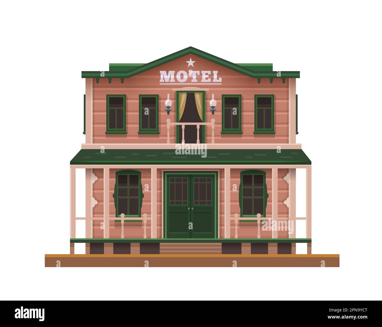 Western, Wild West Motel oder Hotel, Stadthaus und alte amerikanische Landarchitektur, isolierter Vektor. WESTERN Motel oder Wild West Hotel Holzhaus Stock Vektor