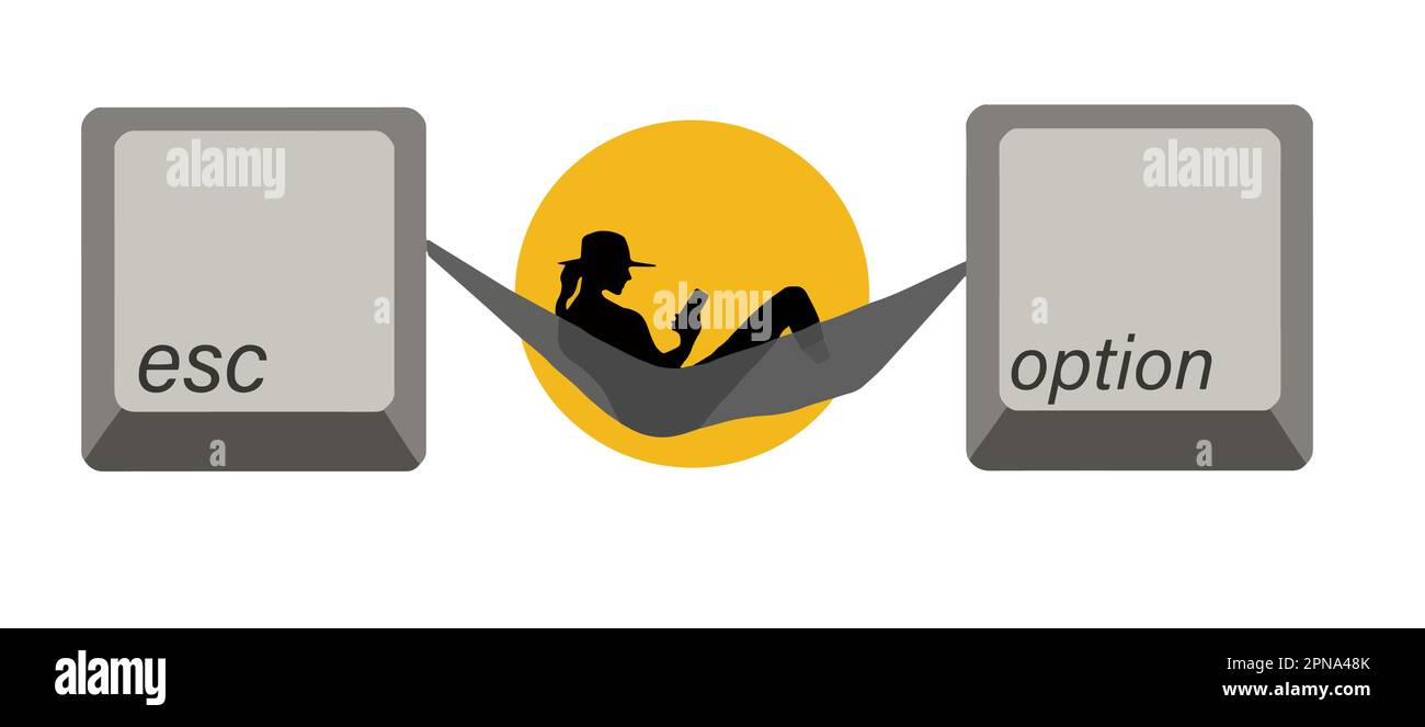 Eine Frau im Urlaub von ihrem Bürojob sitzt in einer Hängematte zwischen der esc-Taste und der Optionstaste einer Computertastatur. Das ist ein Vektor. Stock Vektor