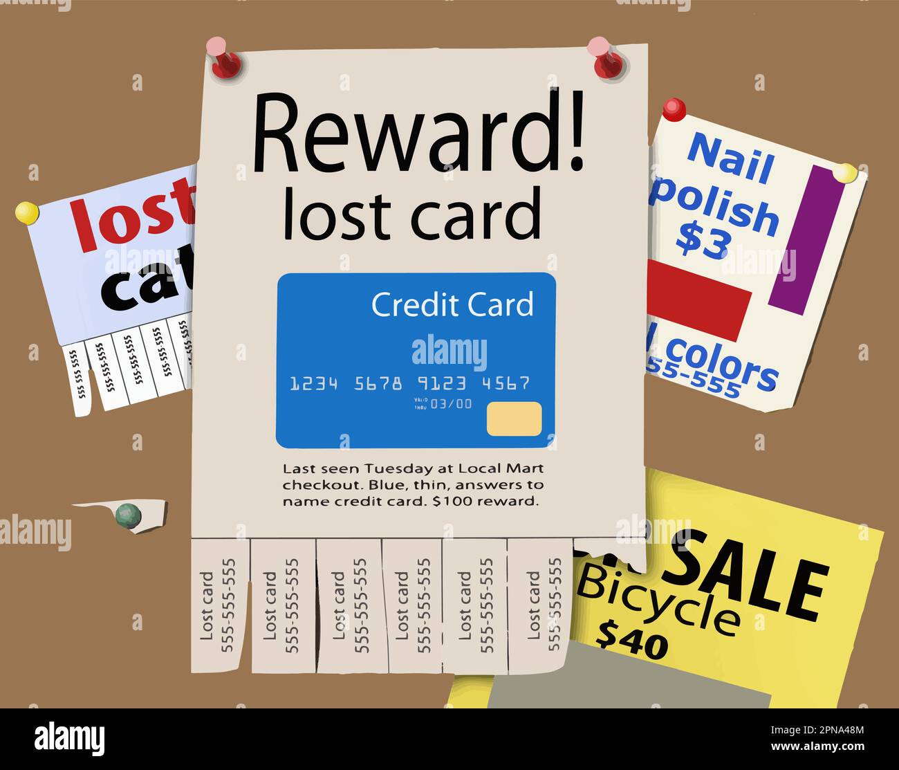 Jemand hat in diesem Vektorbild über die verlorene Karte ein Prämienposter auf einem öffentlichen Bulletin Board für die Rückgabe einer verlorenen Kreditkarte gepostet. Stock Vektor