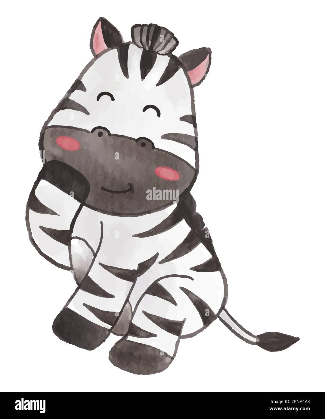 Zebra . Aquarelle Farbgestaltung. Niedlicher Tierkarikaturencharakter. Sitzen und lachen. Vector . Stock Vektor