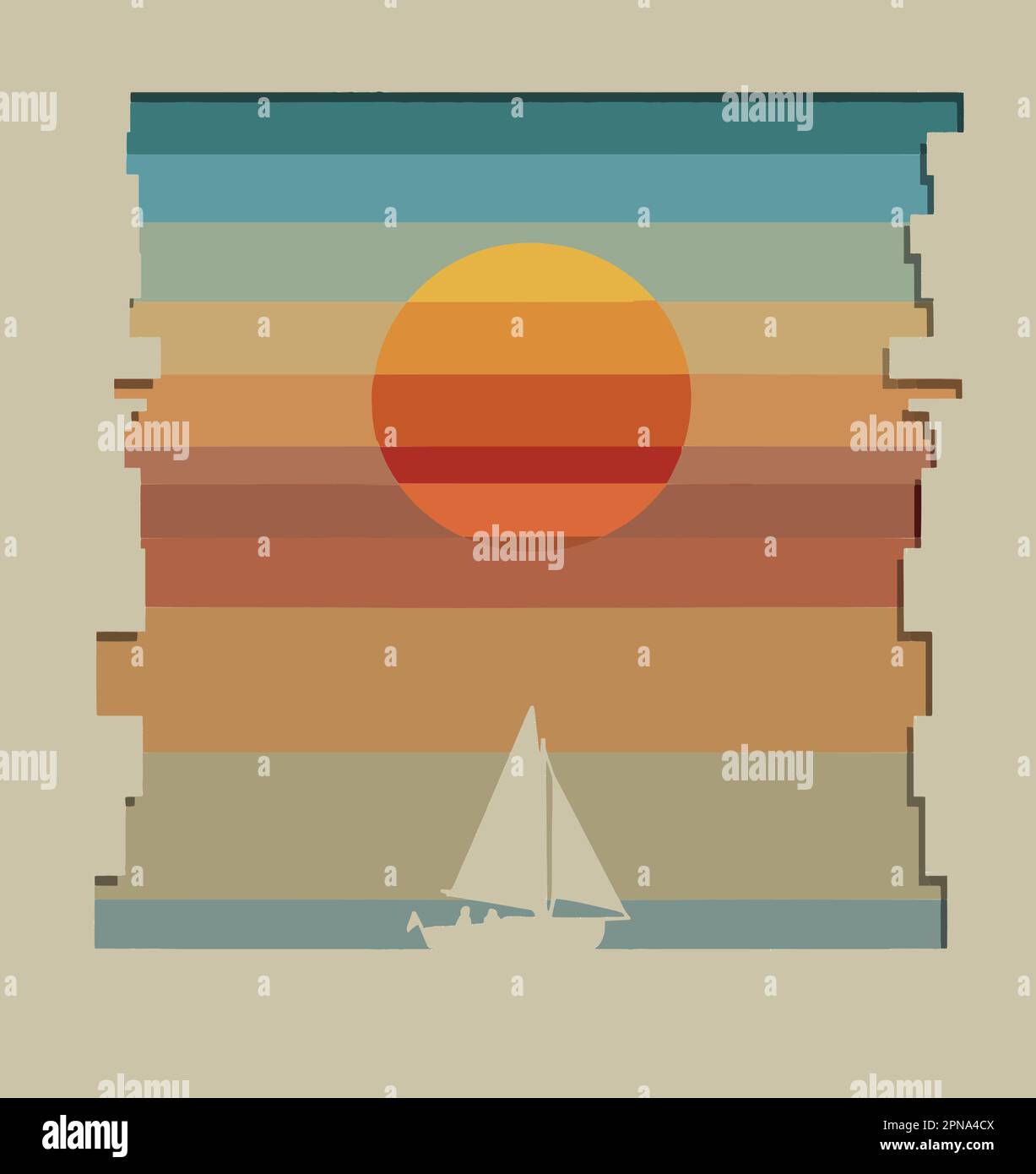 Ein Segelboot und Sonnenuntergang sind in einer 3-d-Kunst aus Papier und einem Vektor zu sehen. Stock Vektor