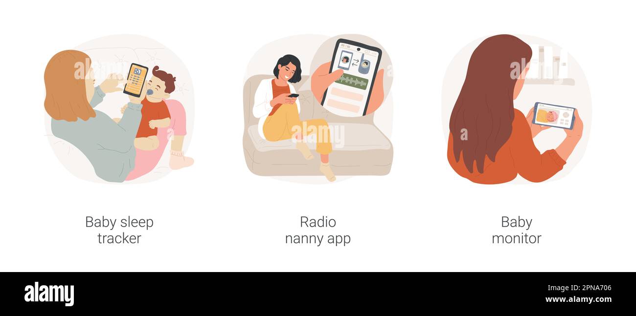 Babyschlafgeräte isolierte Cartoon-Vektor-Zeichnungsset. Babyschlaftracker, Radio Nanny App, smartphone-App für mutter, Babyschlaf-Videomonitor, Vektor-Zeichentrickfilm zur Erkennung von Neugeborenen. Stock Vektor