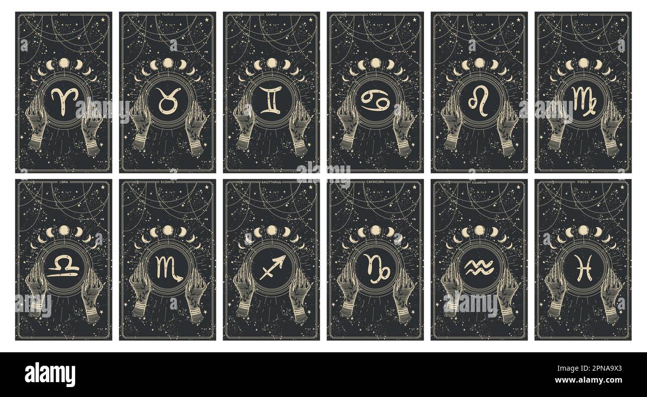 Set mit 12 Zodiakkarten, Astrologie-Banner, goldene Handzeichnung auf schwarzem Hintergrund, Storys Hintergrund, Sammlung mystische Illustration von Horos Stock Vektor