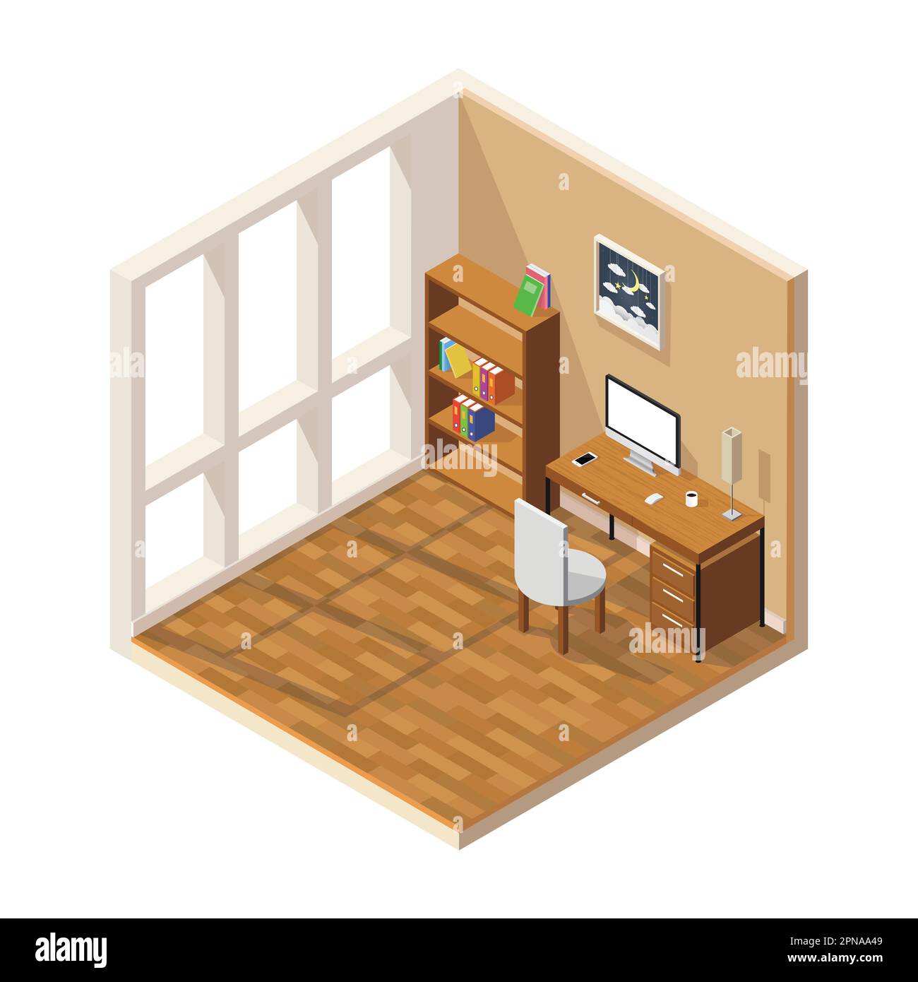 Vektor-Isometrisch-Symbol für niedrige Poly-Raum-Schnittzeichnung. Zimmer mit Möbeln - Arbeitstisch mit Computer. Stock Vektor