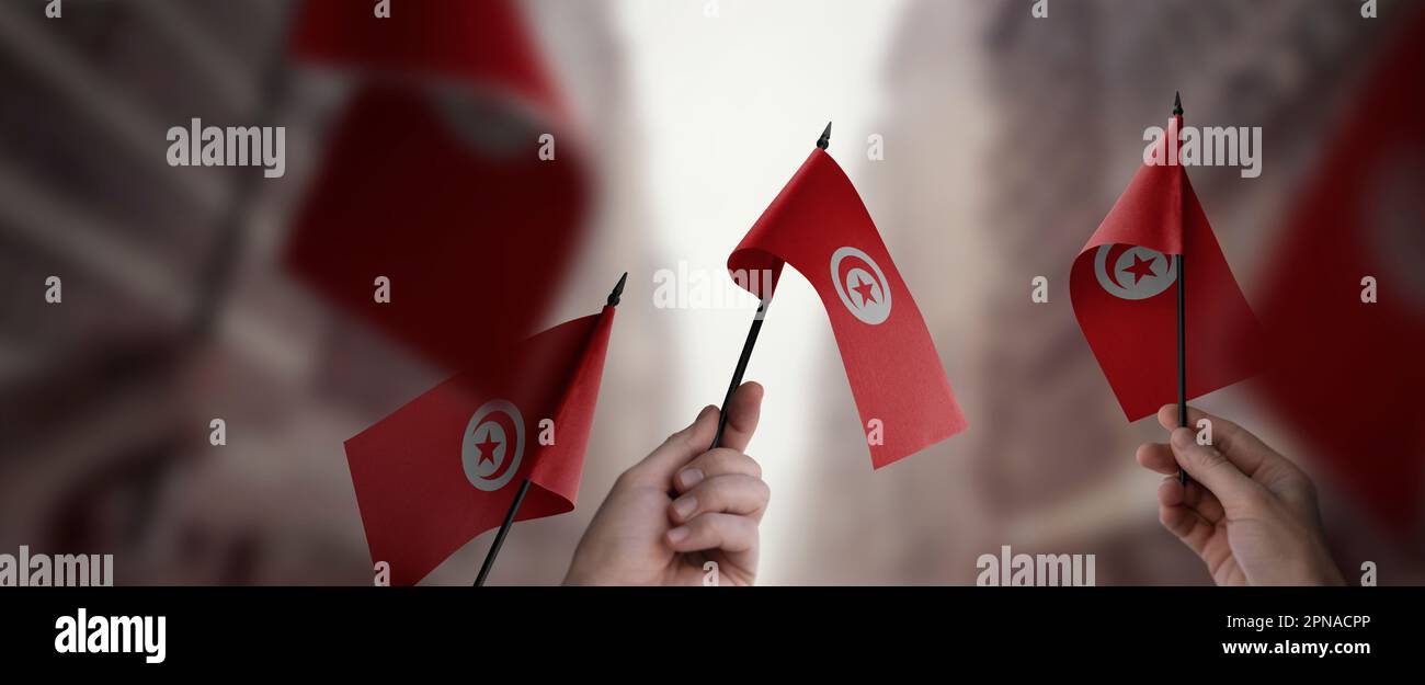 Eine Gruppe von Menschen, die kleine tunesische Flaggen in der Hand halten. Stockfoto