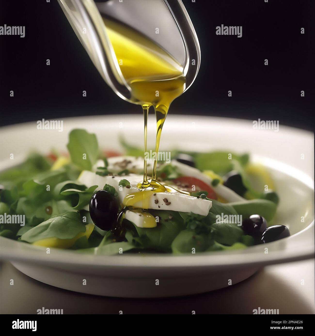 Gourmet-Salat im michelin-Restaurant mit Nieselolivenöl auf der Speisekarte Stockfoto