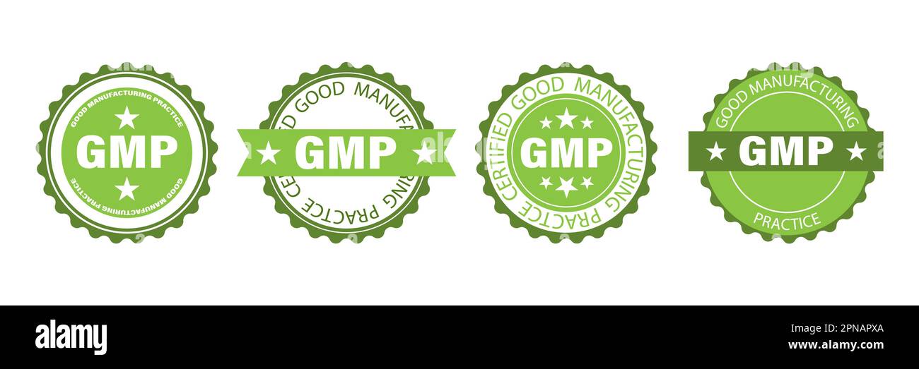 GMP-Satz runder Abzeichen. Zertifizierte Industrieaufkleber für Produkte mit dem Etikett „Good Manufacturing Practice“ (gute Herstellungspraxis) Stock Vektor