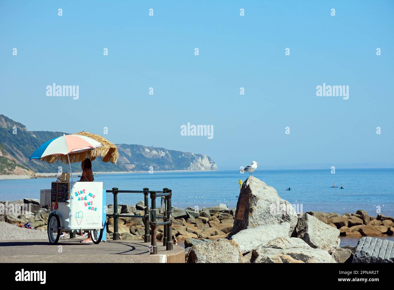 Eisverkäufer auf der Promenade am Ende des Strandes mit Blick auf die Küste, Sidmouth, Devon, Großbritannien, Europa. Stockfoto