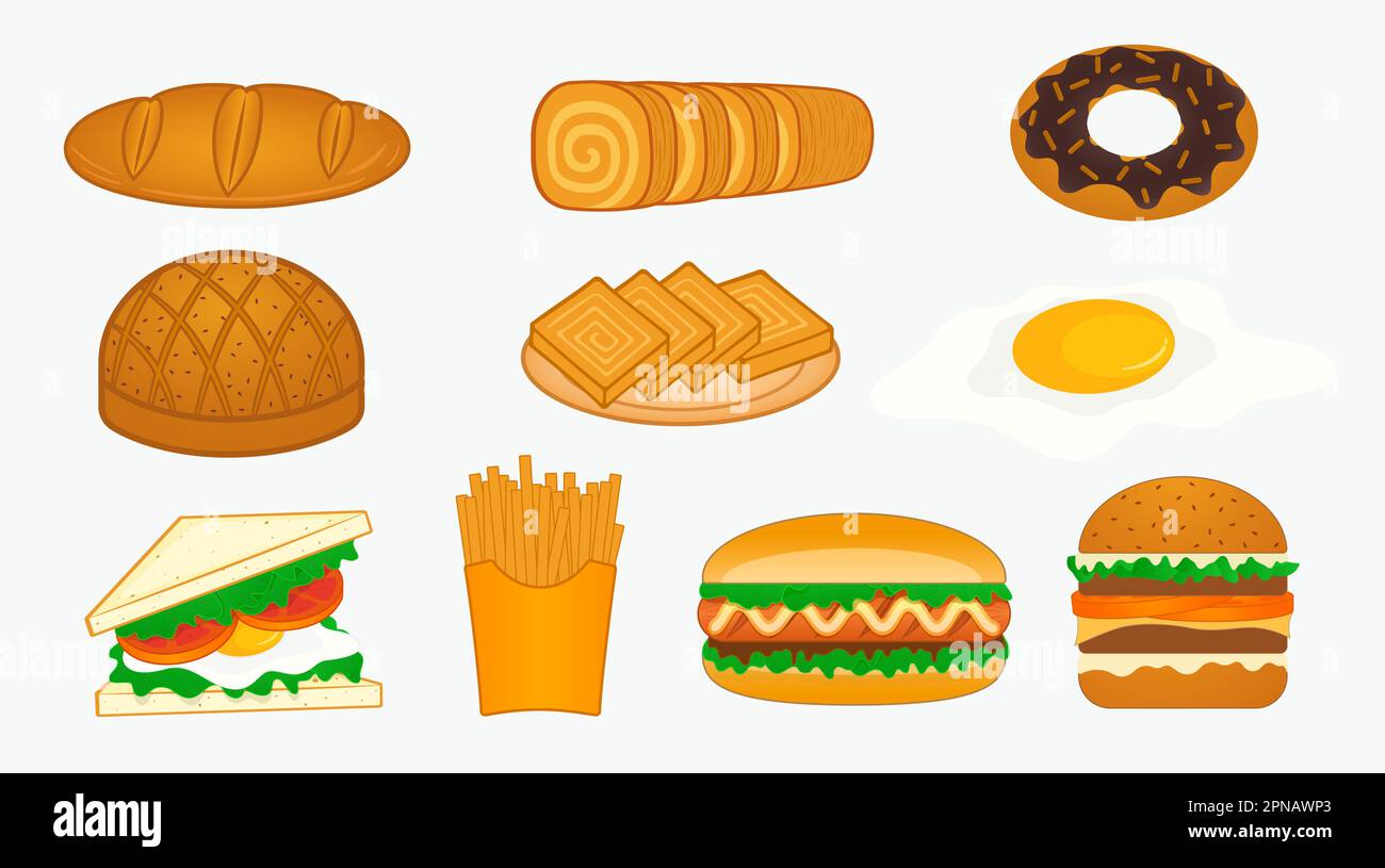 Vektordarstellung für Brotfritten, Burger und andere Fast-Food-Produkte Stock Vektor