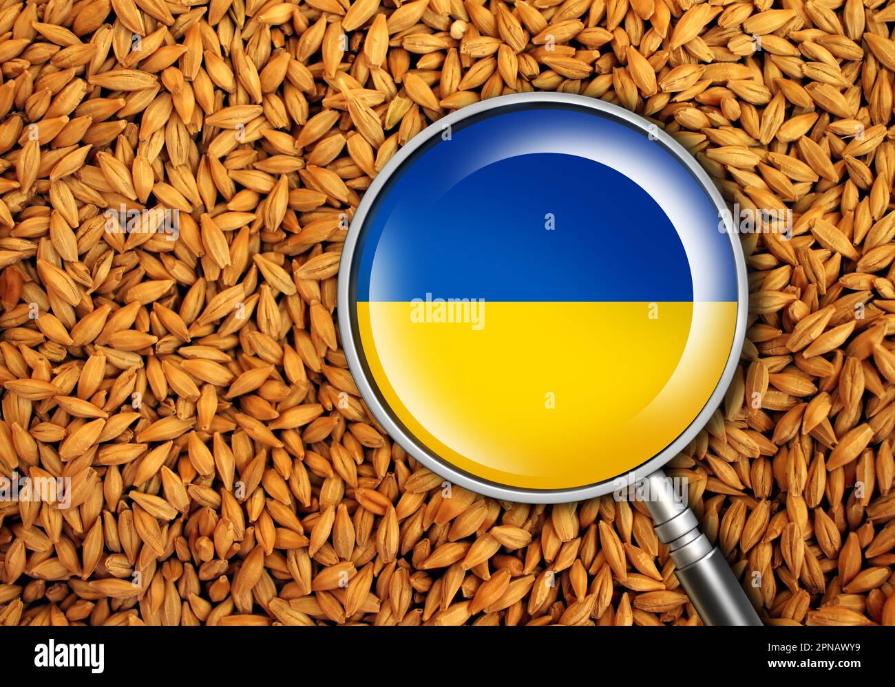 Ukrainische Weizenprobleme und ukrainische Getreideexporte als Symbol der globalen Lebensmittelversorgung mit 3D Illustrationselementen. Stockfoto