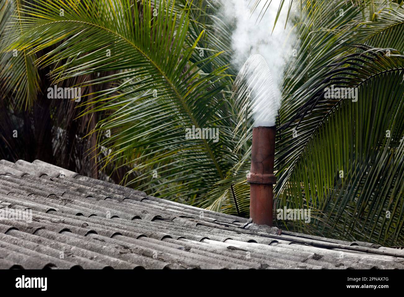 Rauch kommt aus dem kleinen Fabrikschornstein. Traditionelle Bambus- und Hanfmattenfabrik. Tan Chau. Vietnam. Stockfoto