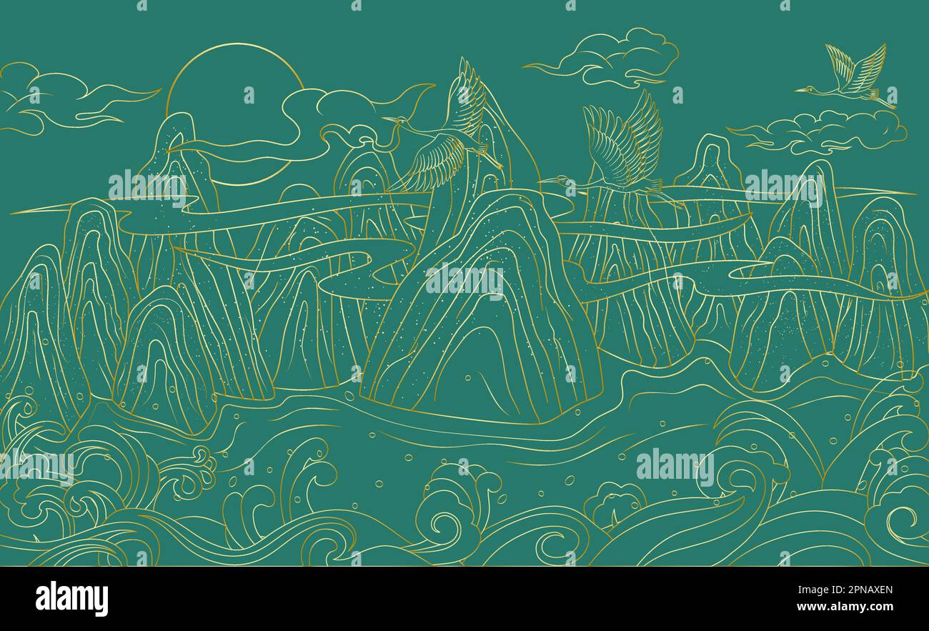 Vektordarstellung von Strichzeichnungen im Querformat im chinesischen Stil Stock Vektor