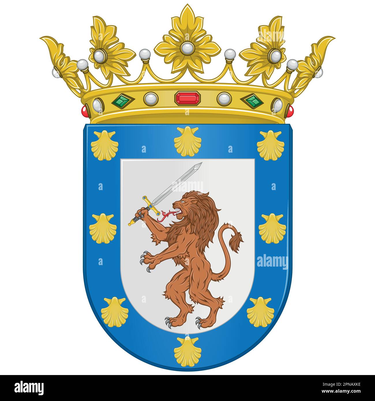 Vektordesign des Wappen der Hauptstadt Santiago Chile. Schild von Santiago Chile mit einem wilden Löwen, der ein Schwert hält Stock Vektor
