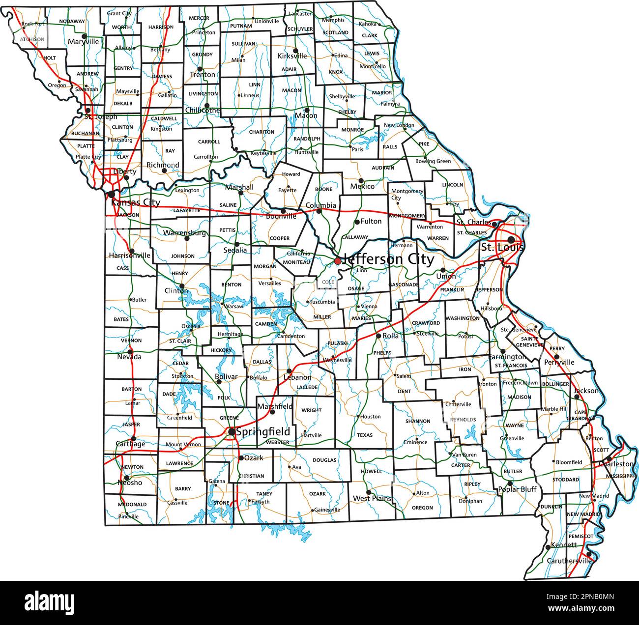 Straßenkarte und Highway-Karte von Missouri. Vektordarstellung. Stock Vektor