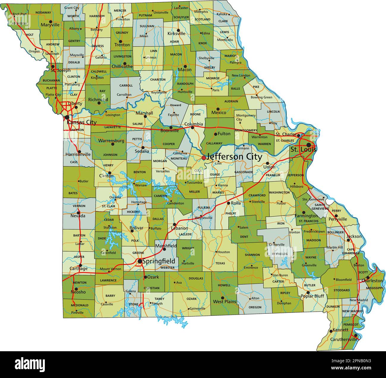 Sehr detaillierte, bearbeitbare politische Karte mit getrennten Schichten. Missouri. Stock Vektor