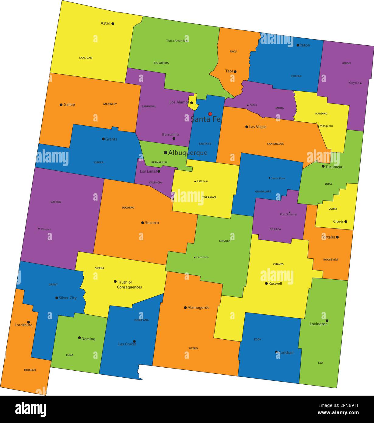 Farbenfrohe politische Karte von New Mexico mit klar gekennzeichneten, getrennten Schichten. Vektordarstellung. Stock Vektor