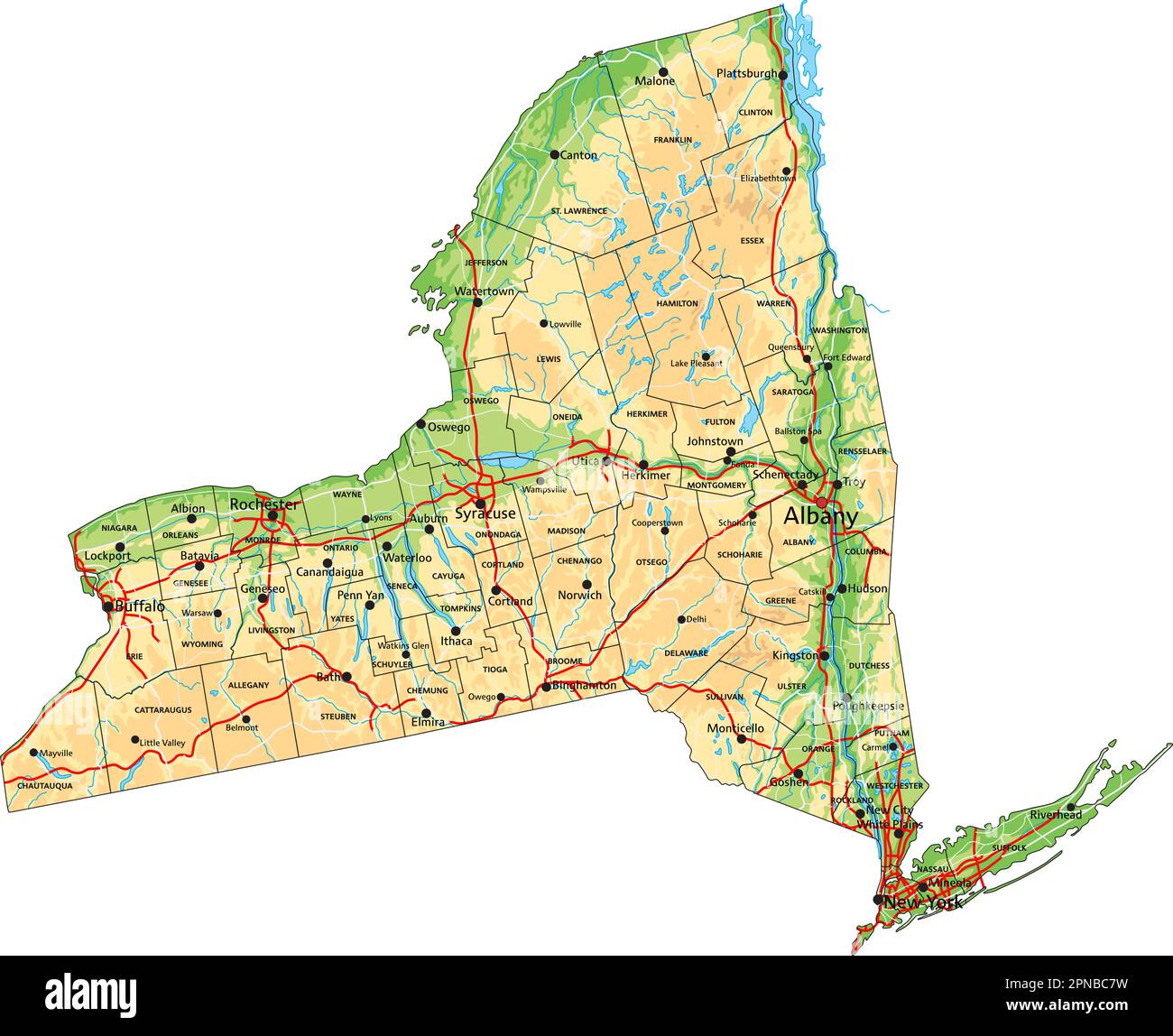 Hochdetaillierte physische Karte von New York mit Beschriftung. Stock Vektor