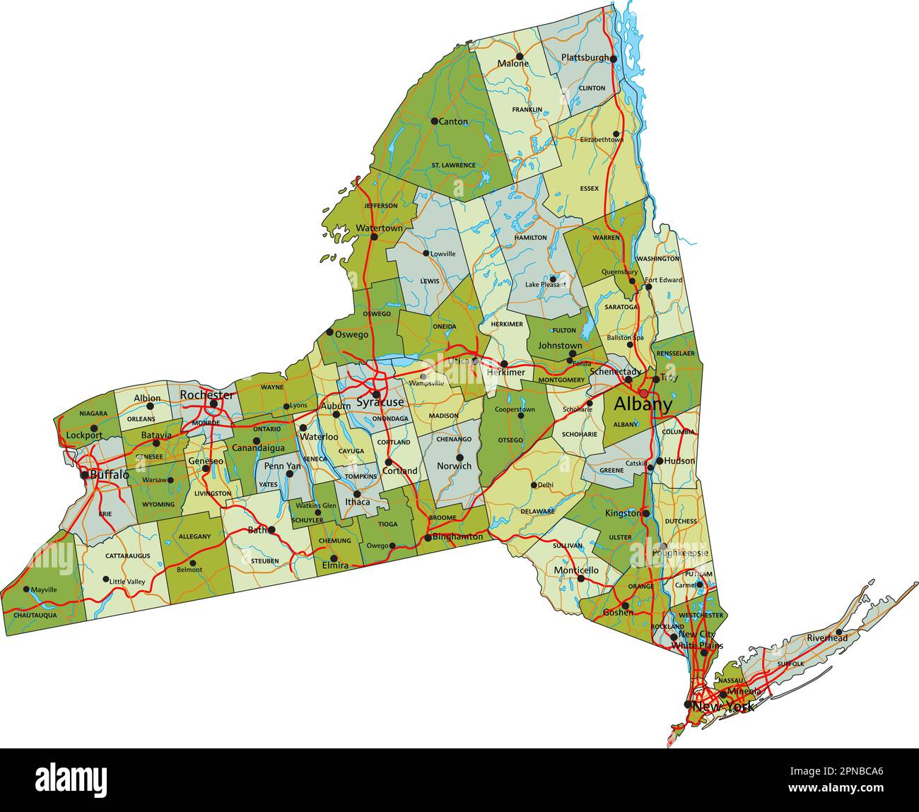 Sehr detaillierte, bearbeitbare politische Karte mit getrennten Schichten. New York. Stock Vektor