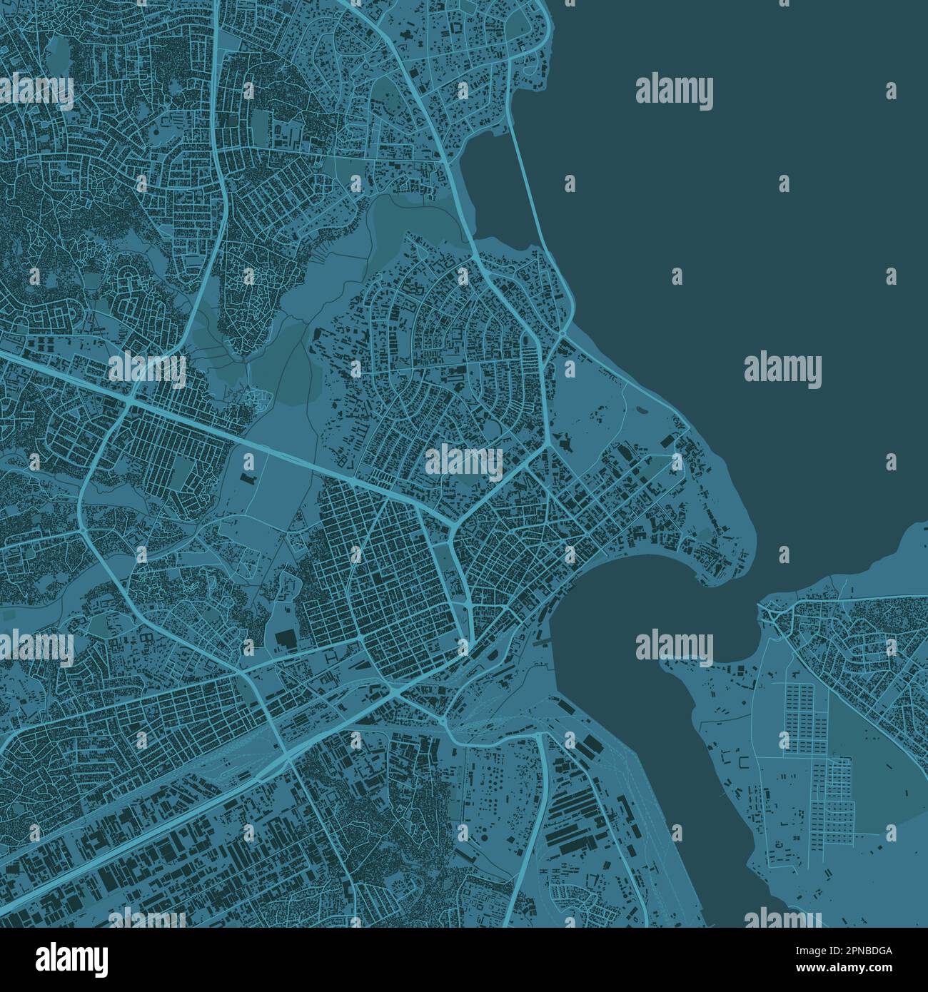 Dunkelblau dar es Salaam Stadtgebiet, Tansania, Vektorkarte im Hintergrund, Straßen und Wasserdarstellung. Breitbildformat, Roadmap für digitales Flachdesign. Stock Vektor