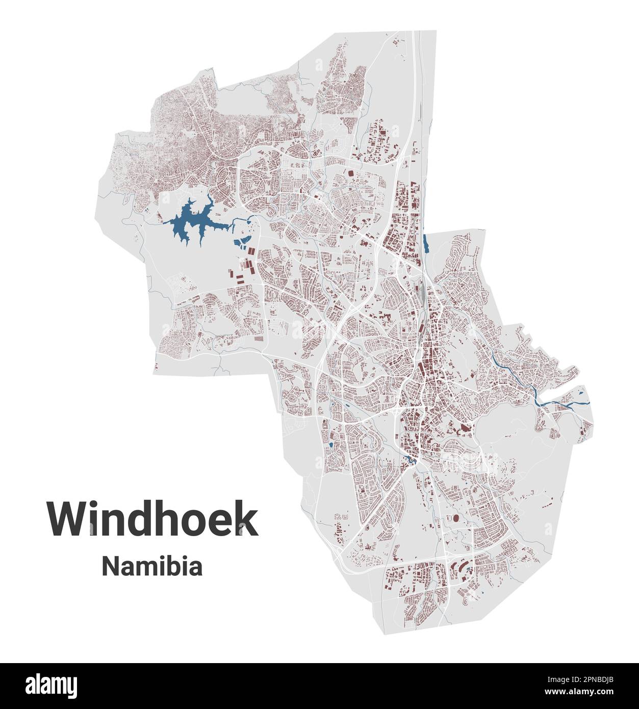 Windhoek-Karte, Hauptstadt Namibias. Stadtplan mit Gebäuden, Flüssen und Straßen, Parks und Eisenbahnen. Vektordarstellung. Stock Vektor