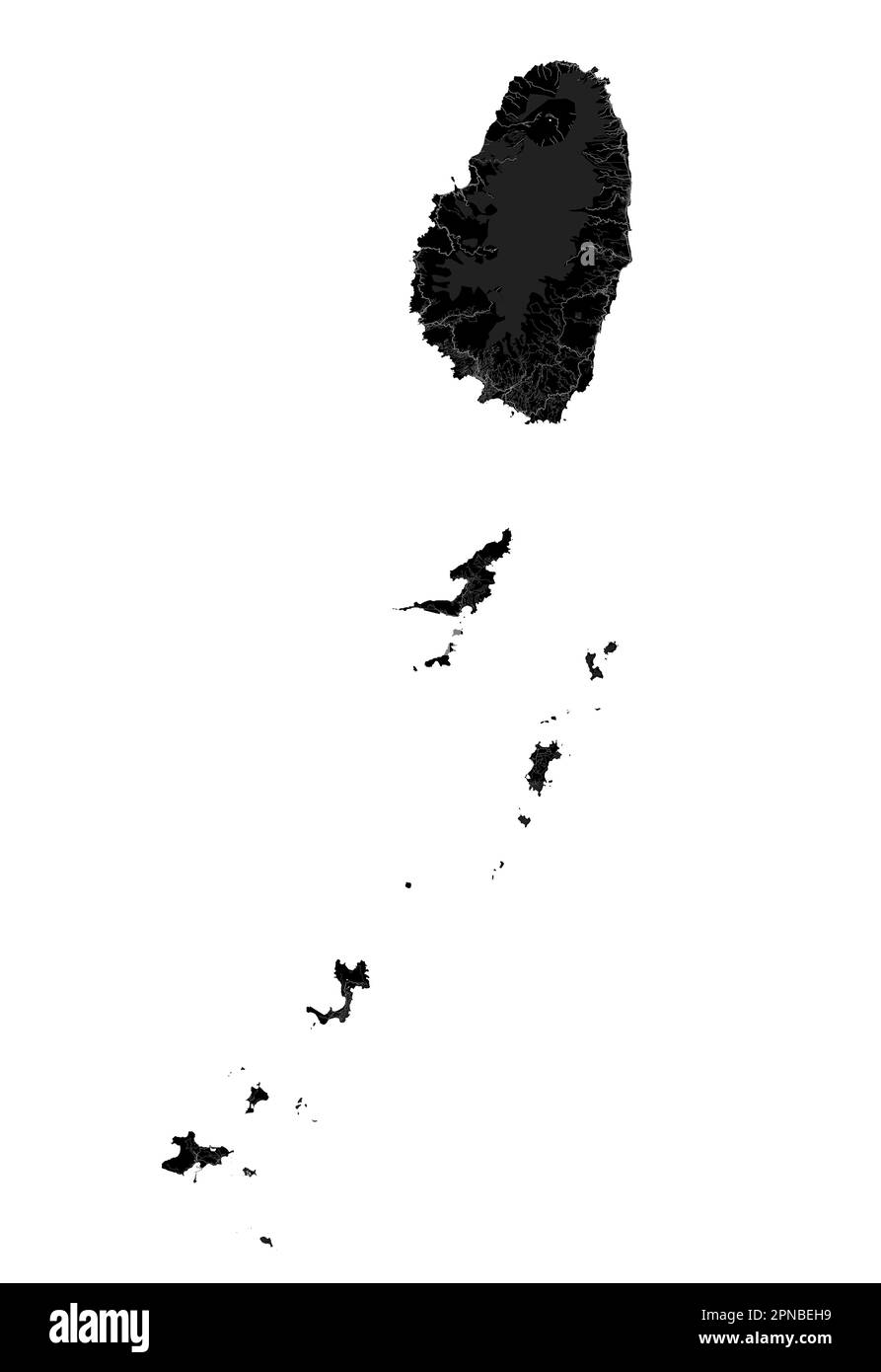 Schwarzer St. Vincent und die Grenadinen Karte, karibisches Inselland. Detaillierte Karte mit Verwaltungsgrenze, Küste, Meer und Wäldern, Städten und Stock Vektor