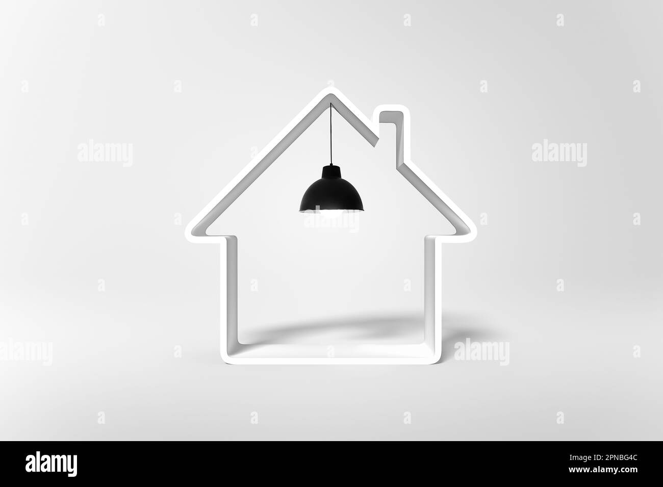 Einfacher schwarzer Kronleuchter, der an der Decke eines hausförmigen Rahmens hängt und das Konzept der Heimdekoration auf weißem Hintergrund darstellt Stockfoto