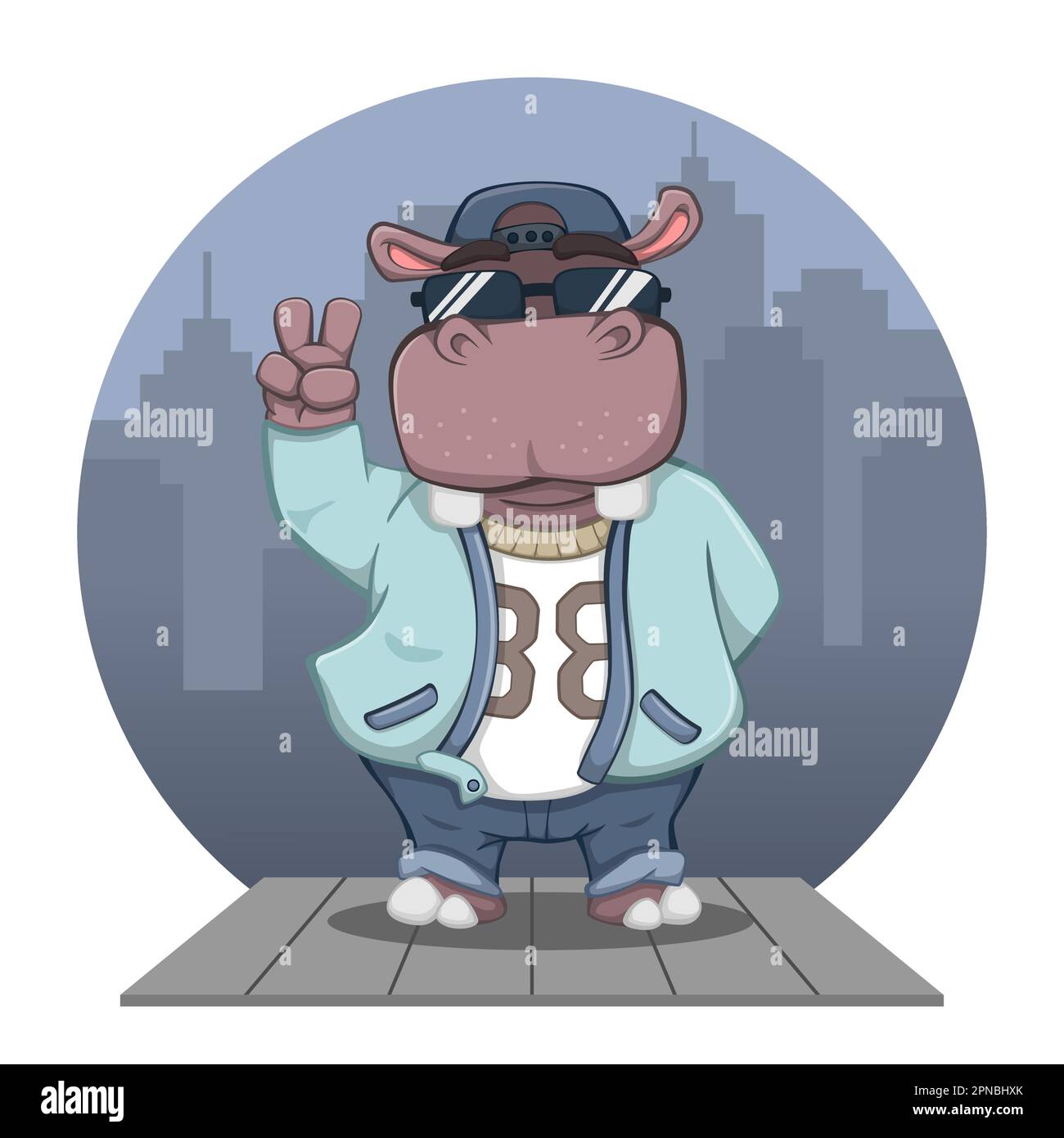 Niedliches Cartoon-Hippo-Hip-Hop-Outfit Stock Vektor