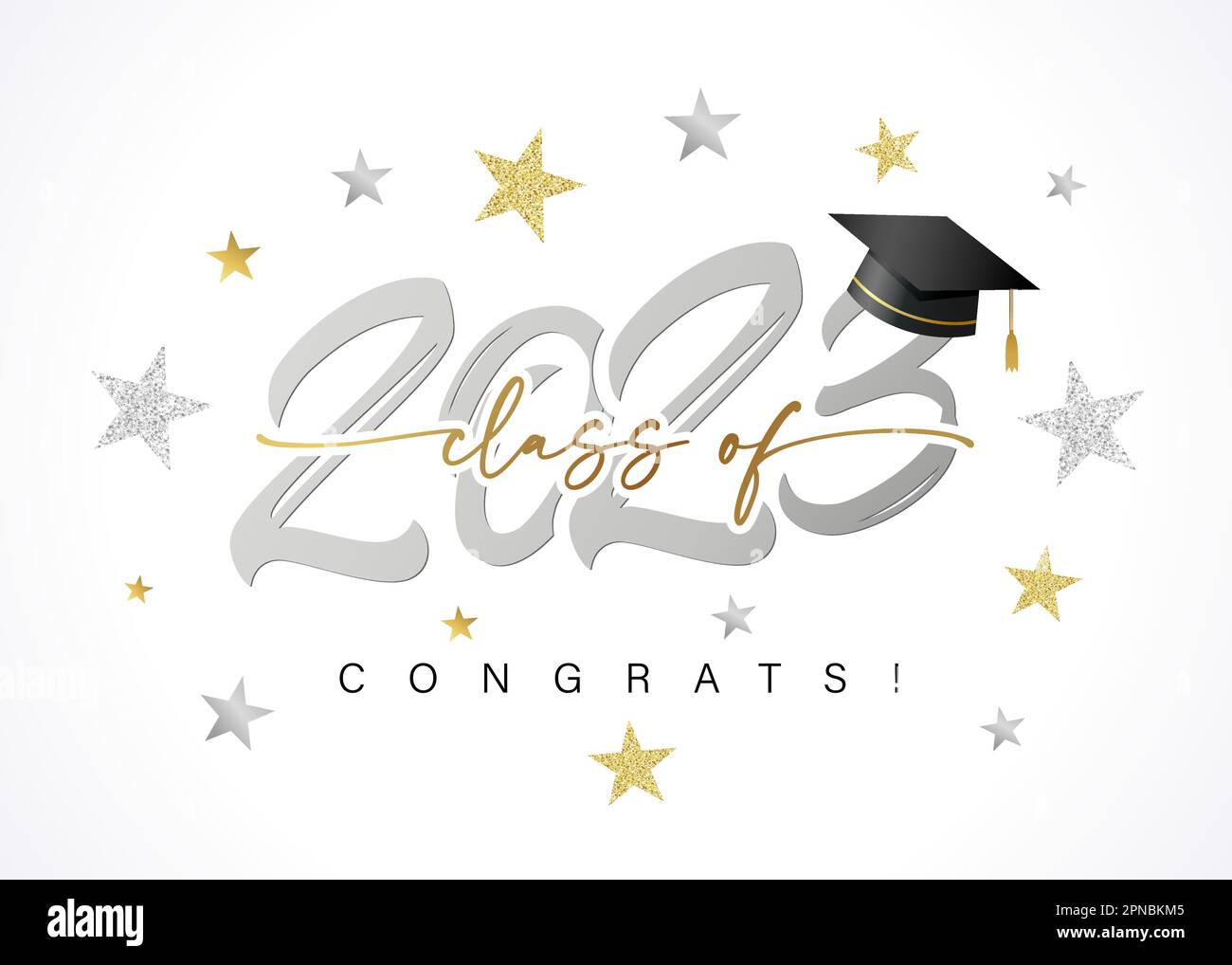 2023 Klasse Glückwunsch, silbernes Logo, Textdesign und Sterne. Gratulation Absolvent 2023 Jahre mit einem quadratischen akademischen Cap und Zahlen. Vektorkarte Stock Vektor