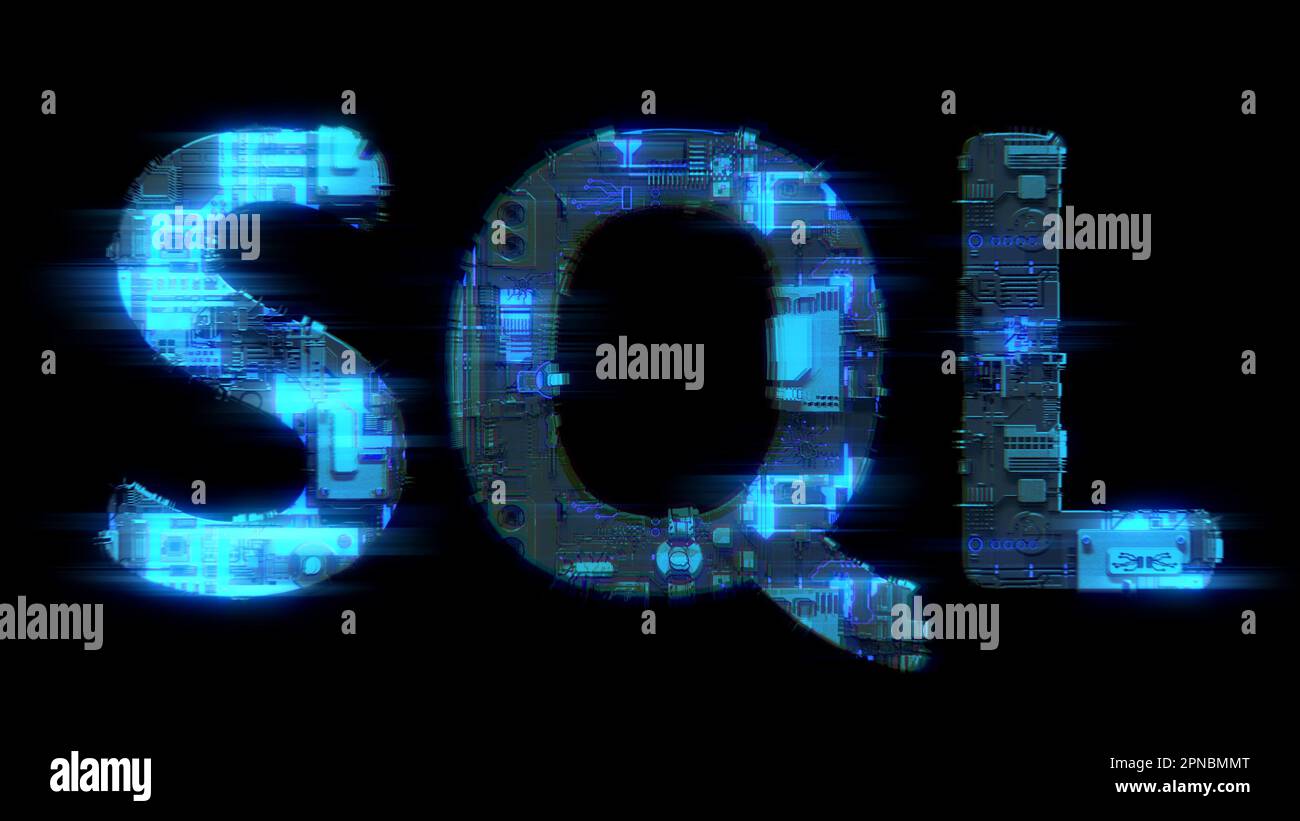 Soft Focus Glitch elektrisches Licht kybernetischer blauer Text SQL, isoliert - Objekt-3D-Rendering Stockfoto