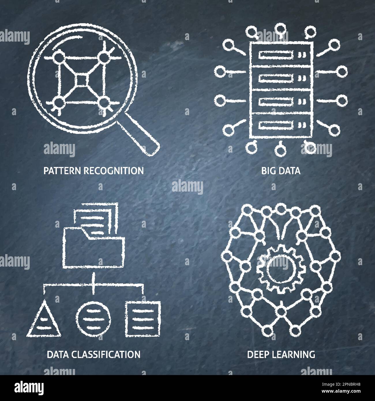 Symbolsatz für Datenklassifizierung und Deep Learning Schwarzes Brett. Vektordarstellung. Stock Vektor