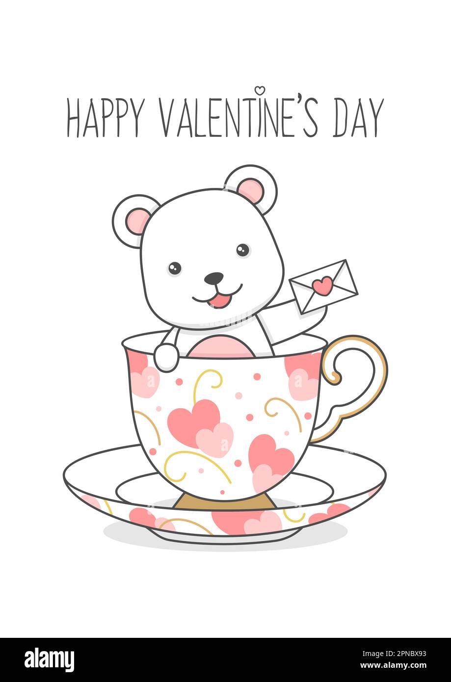 Süßer Eisbär im Becher mit Liebesbrief Valentinstag Stock Vektor